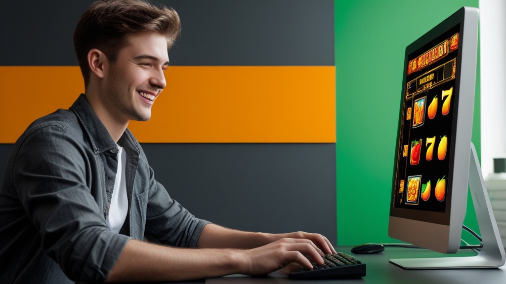 A player at a desk checking a win on a three-reel online slot